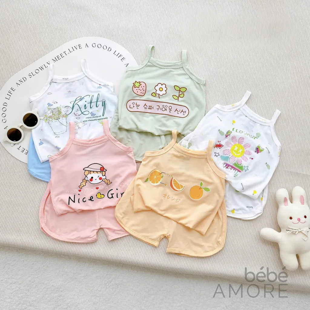 เซต 5 ชุด เสื้อสายเดี่ยวและกางเกงขาสั้นสำหรับเด็กผู้หญิง - ผ้า Petit เกรดพรีเมียม