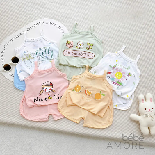 เซต 5 ชุด เสื้อสายเดี่ยวและกางเกงขาสั้นสำหรับเด็กผู้หญิง - ผ้า Petit เกรดพรีเมียม