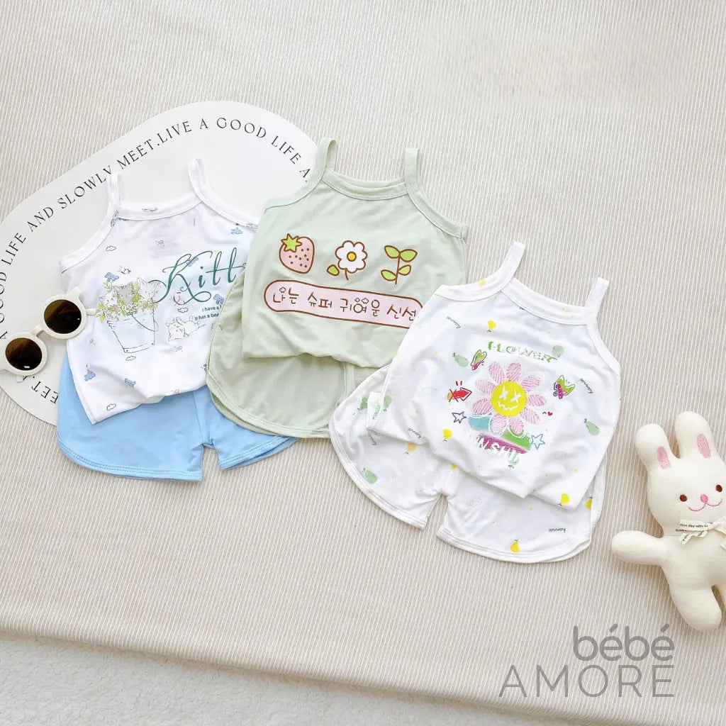 เซต 5 ชุด เสื้อสายเดี่ยวและกางเกงขาสั้นสำหรับเด็กผู้หญิง - ผ้า Petit เกรดพรีเมียม