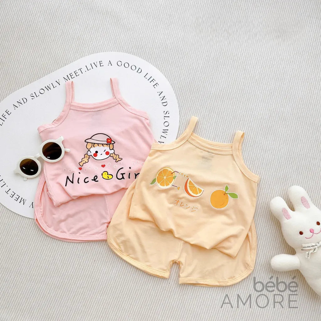 เซต 5 ชุด เสื้อสายเดี่ยวและกางเกงขาสั้นสำหรับเด็กผู้หญิง - ผ้า Petit เกรดพรีเมียม